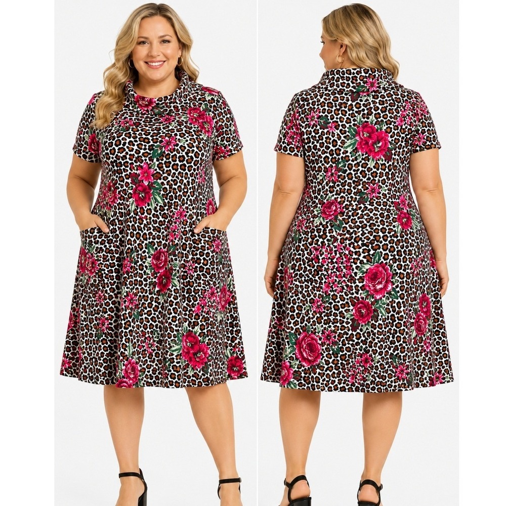 Signature by Robbie Bee‎ Women Plus 3X Leopard Floral Mock Neck Pocket Dress